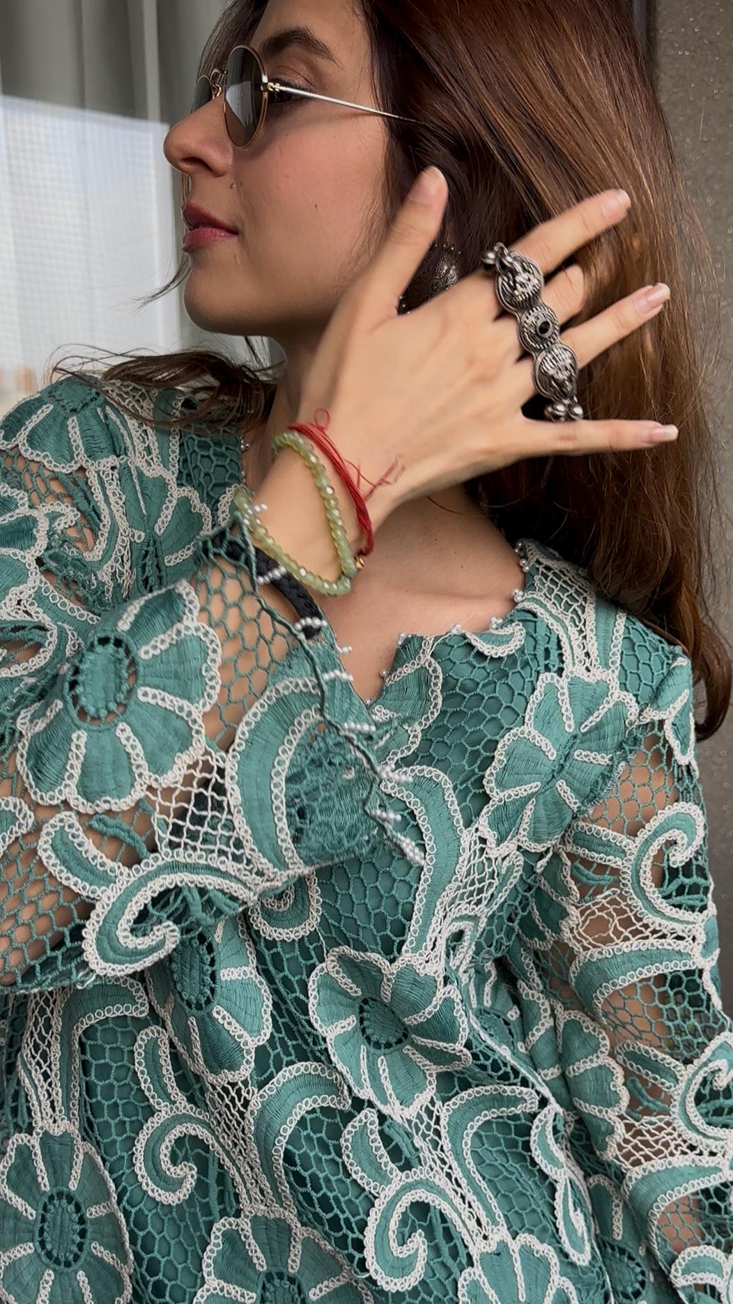 Teal Bloom Crochet Kurta Set