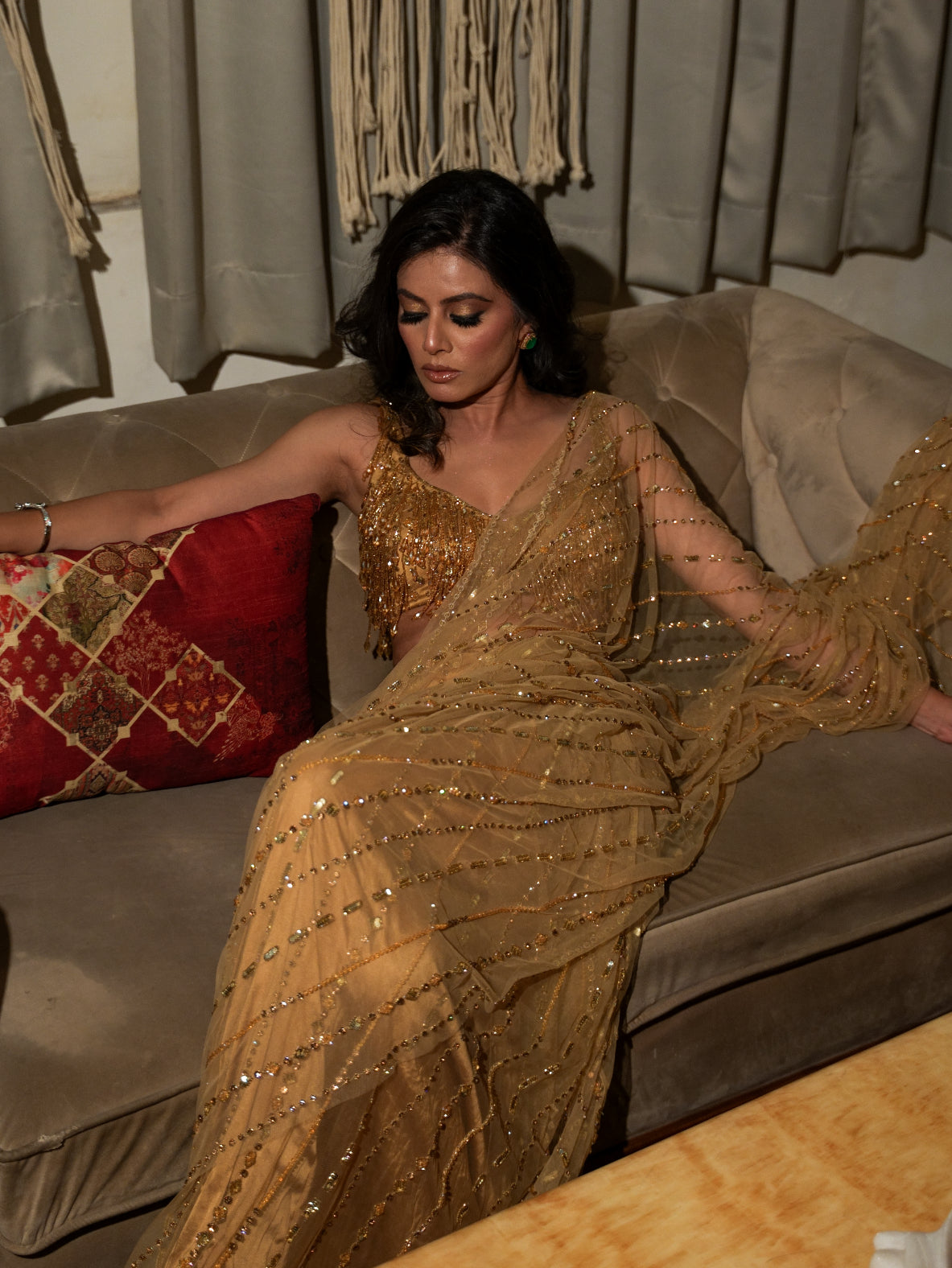 Golden Saree Set with Crystal Tassel Blouse