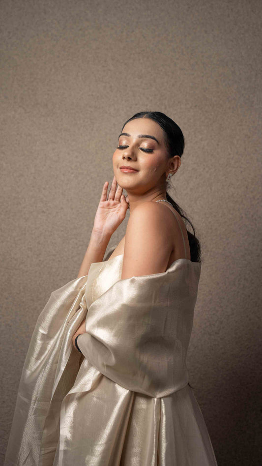 Metallic floor length suit with tissue dupatta