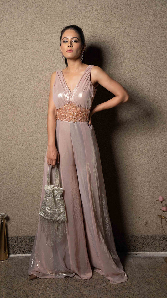 Metallic jumpsuit with crystal detailing