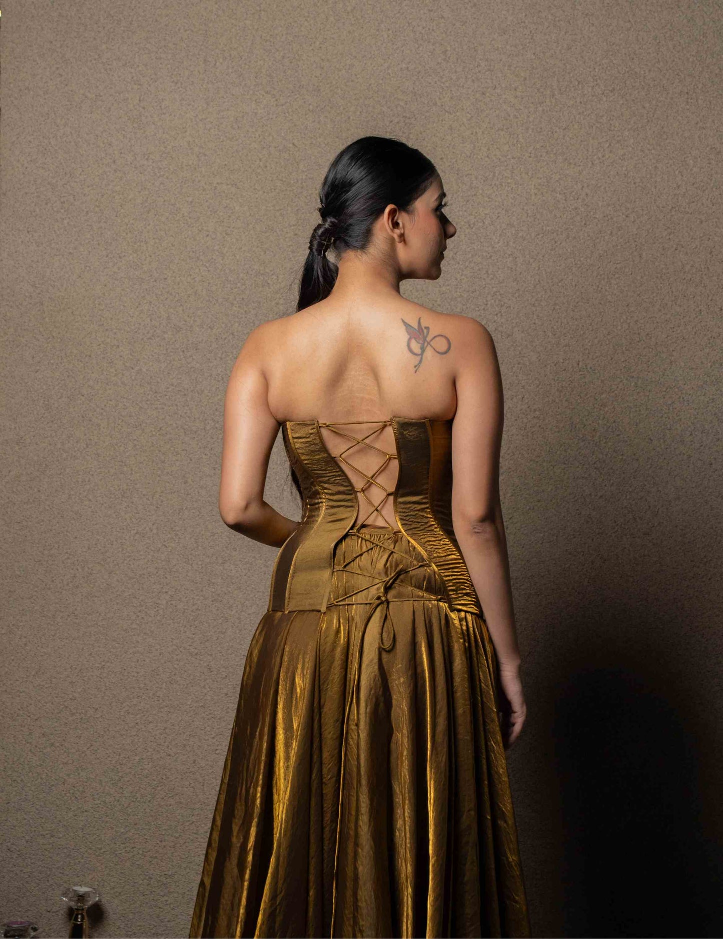 Metallic corset with flared skirt
