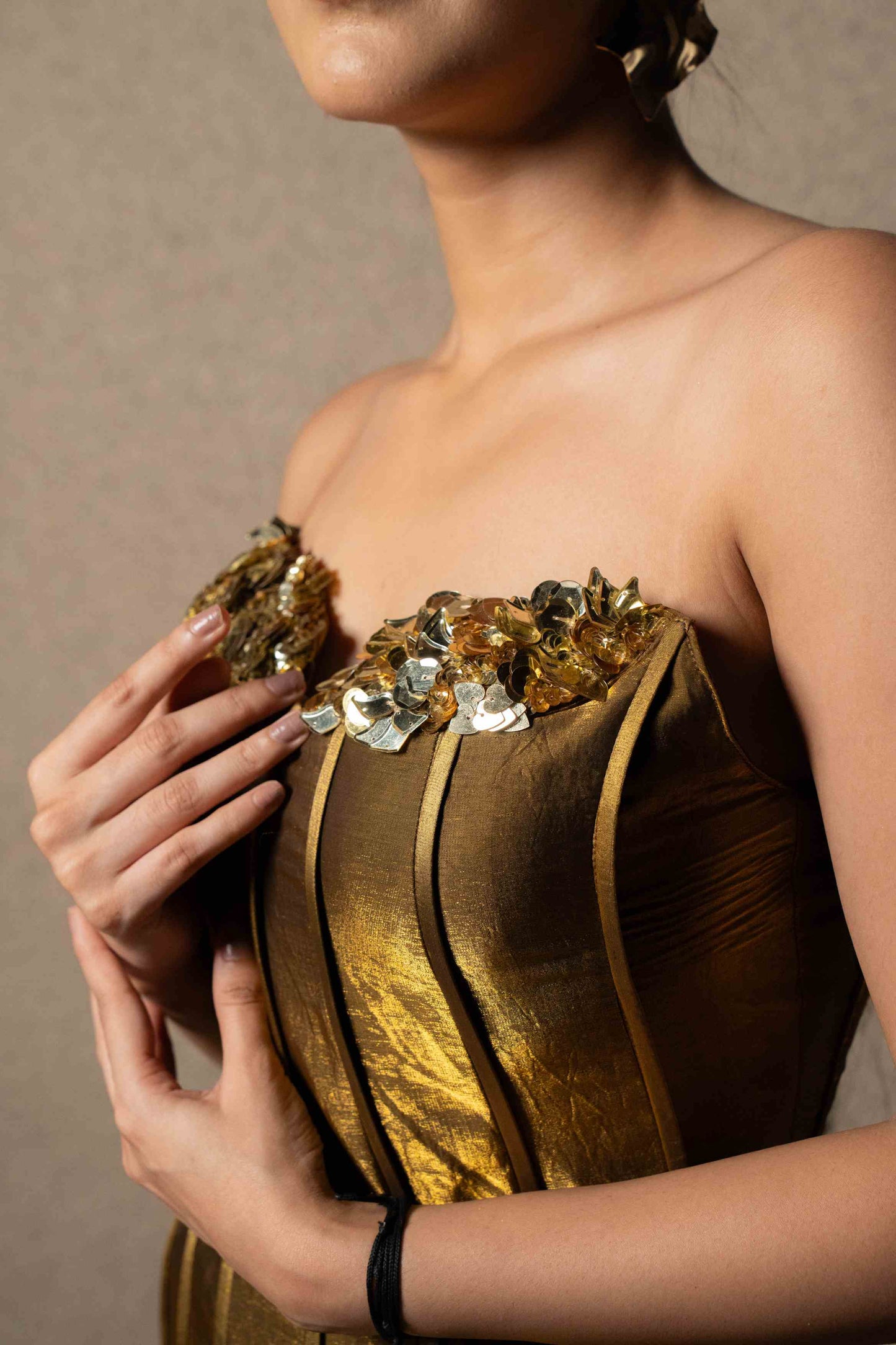 Metallic corset with flared skirt