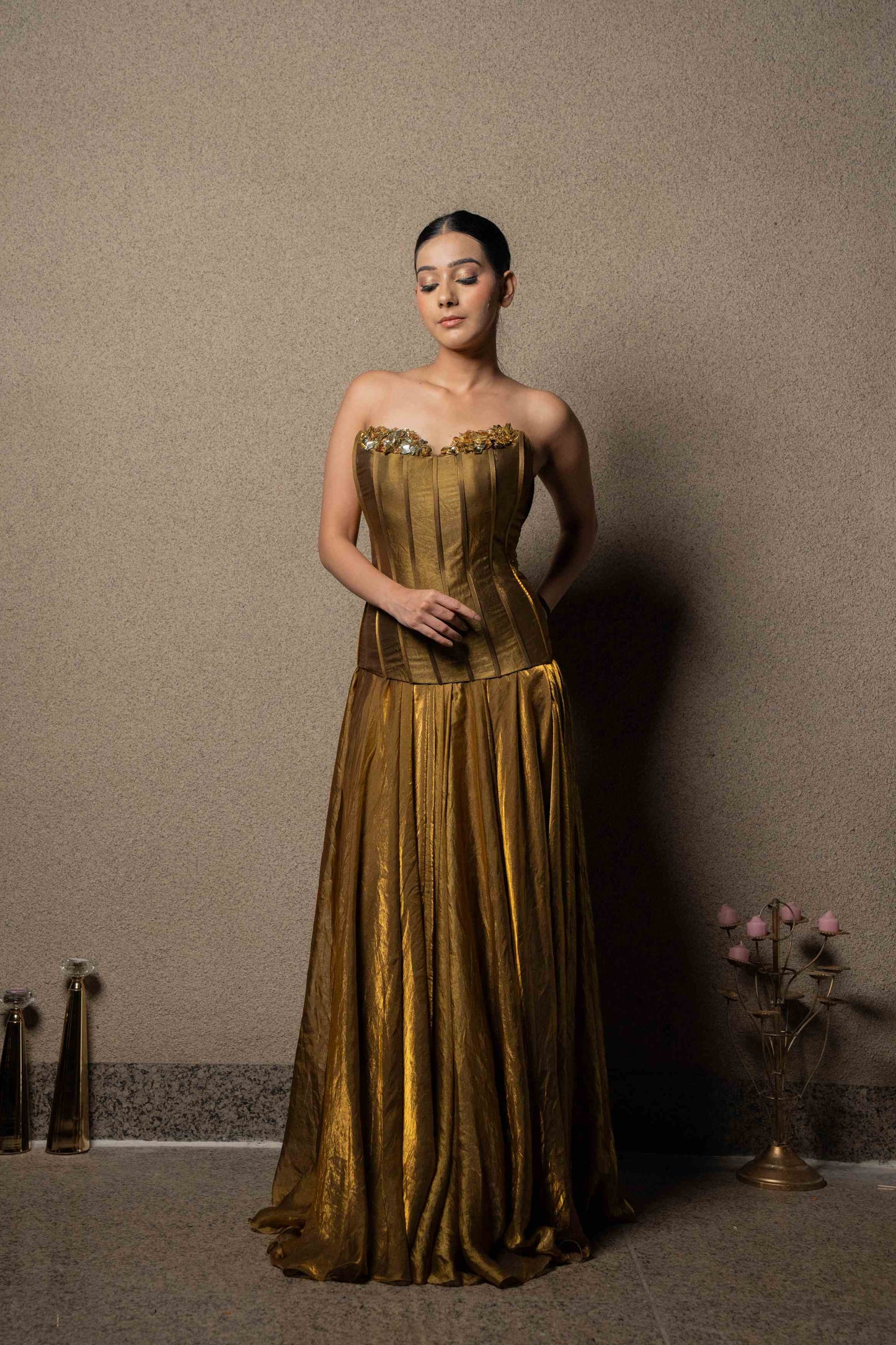Metallic corset with flared skirt