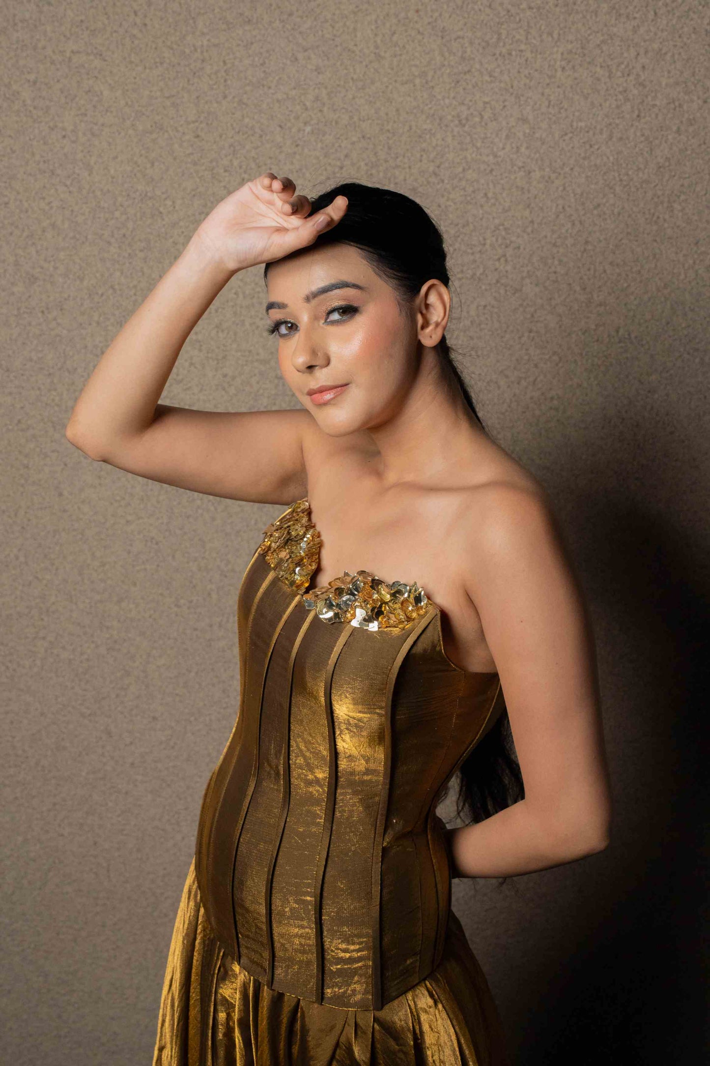Metallic corset with flared skirt