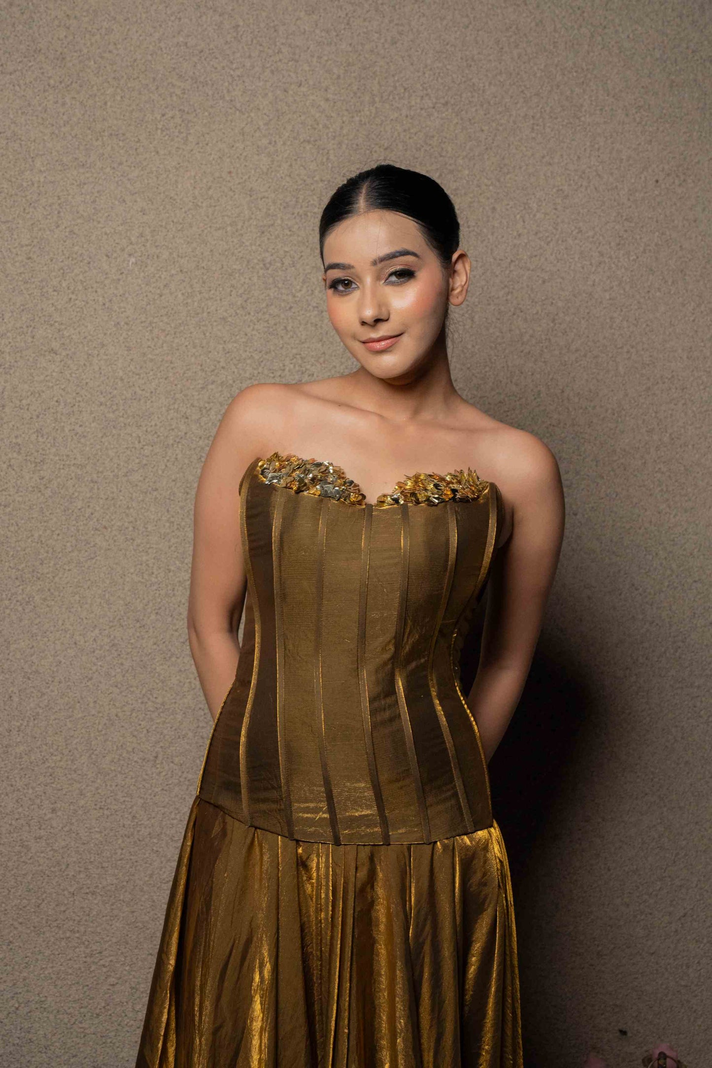 Metallic corset with flared skirt