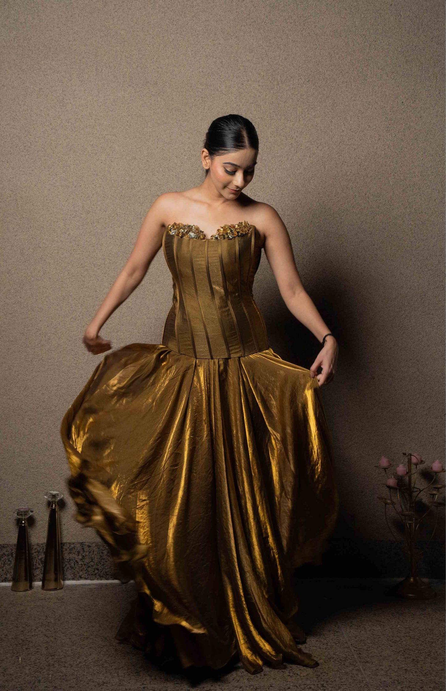 Metallic corset with flared skirt