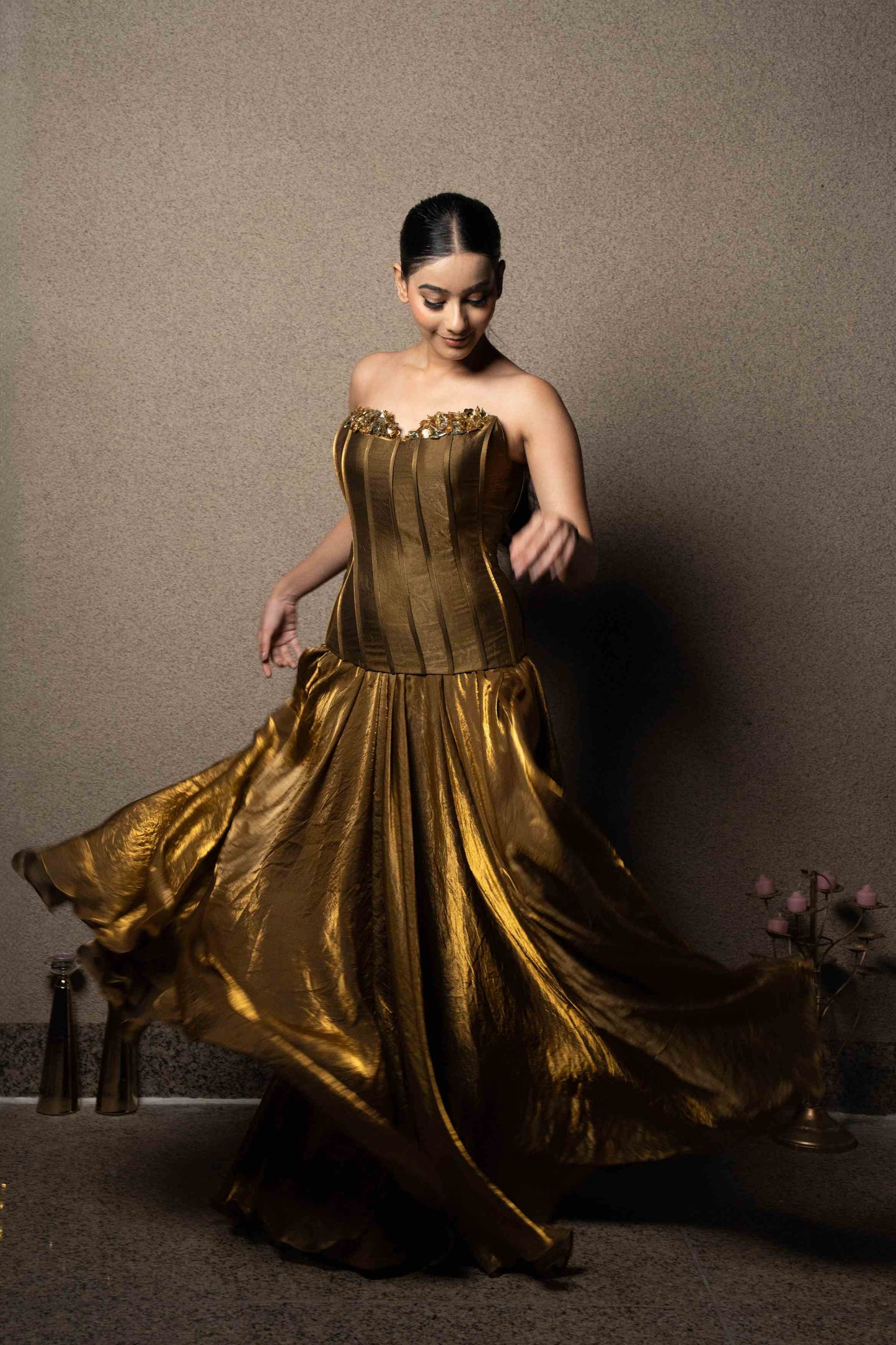 Metallic corset with flared skirt