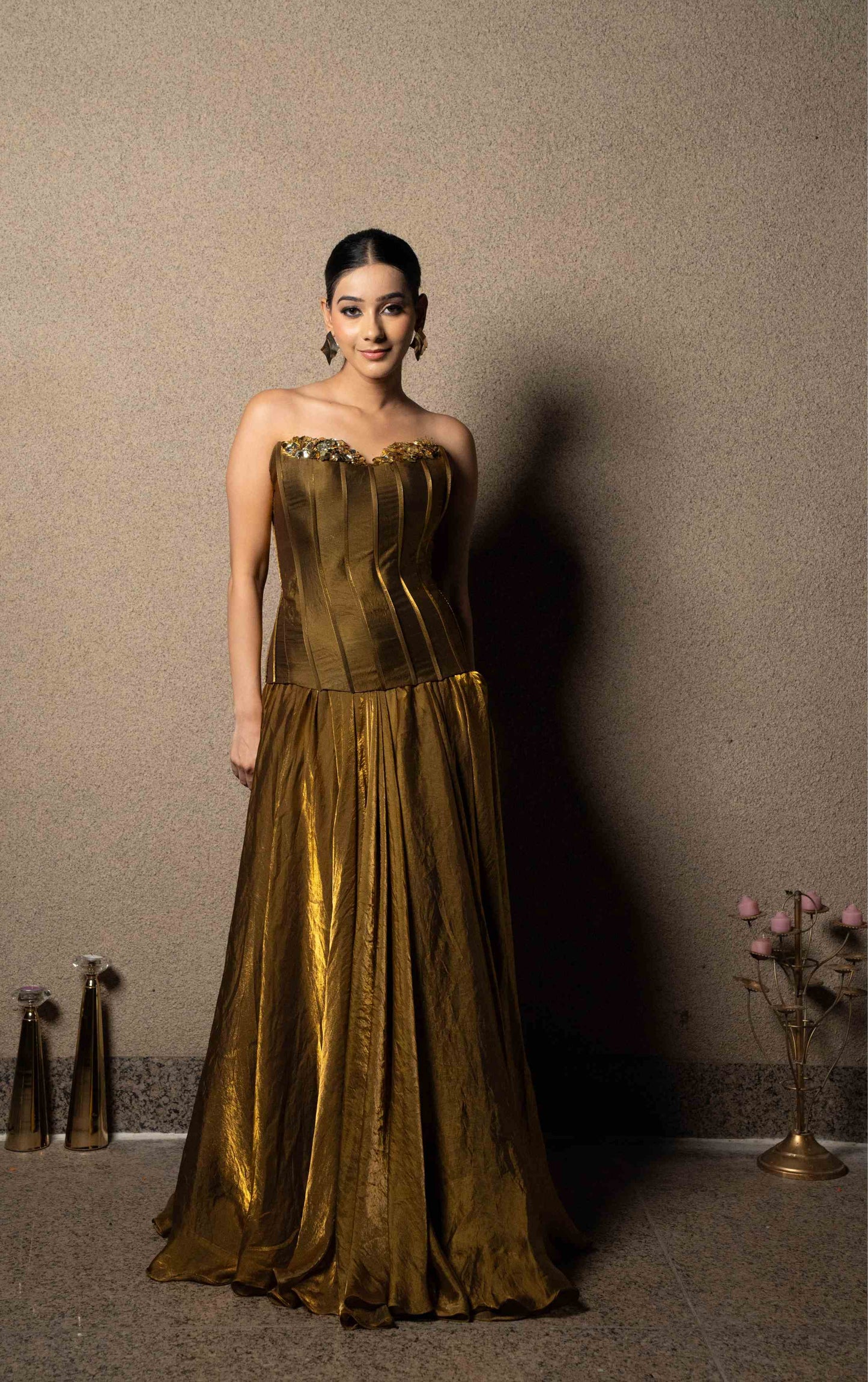 Metallic corset with flared skirt