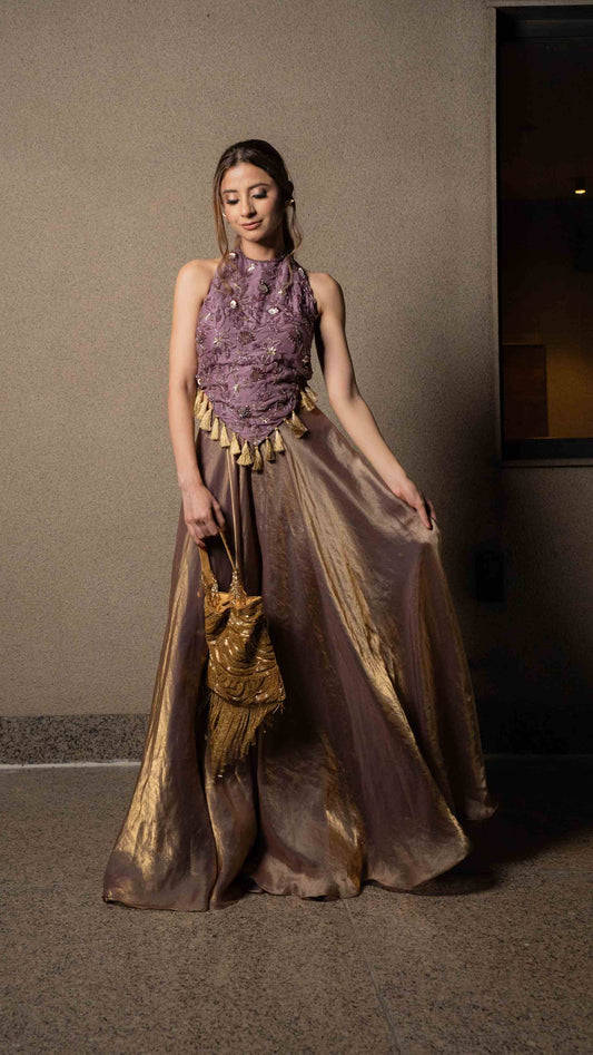 Embellished top with flared metallic pallazos