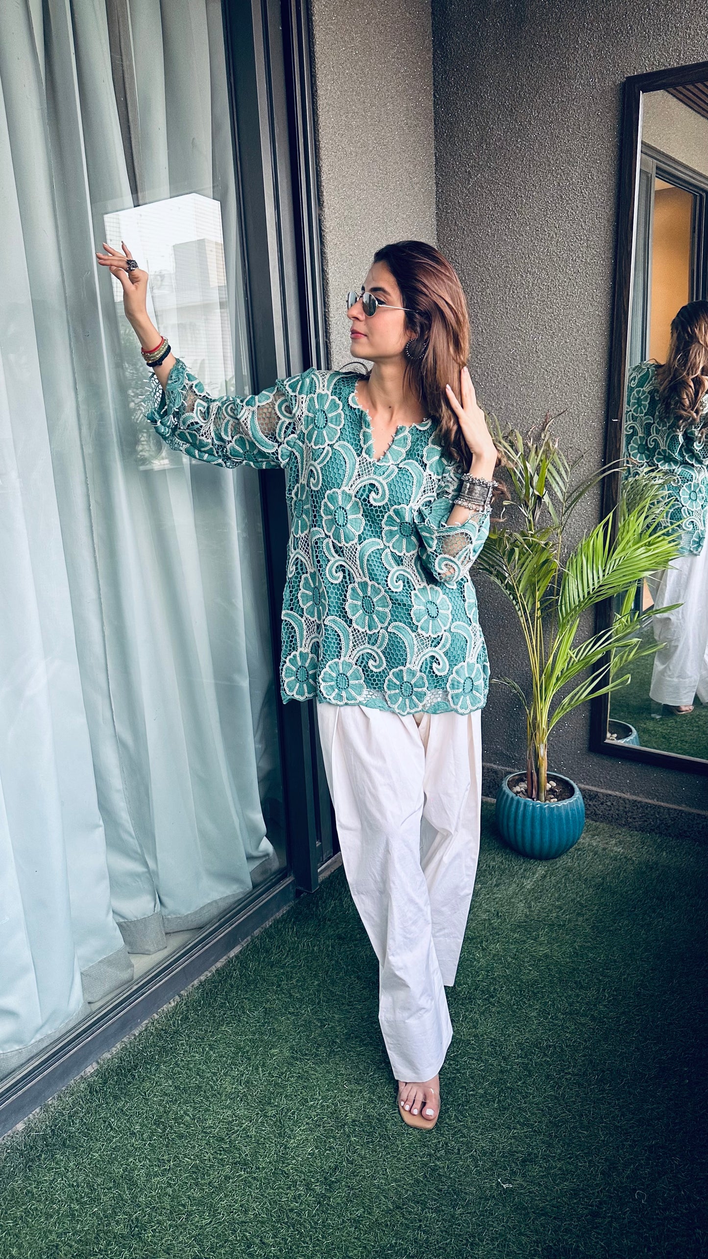 Teal Bloom Crochet Kurta Set