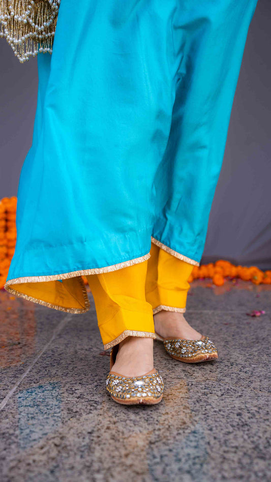 Blue kaftaan with yellow pants
