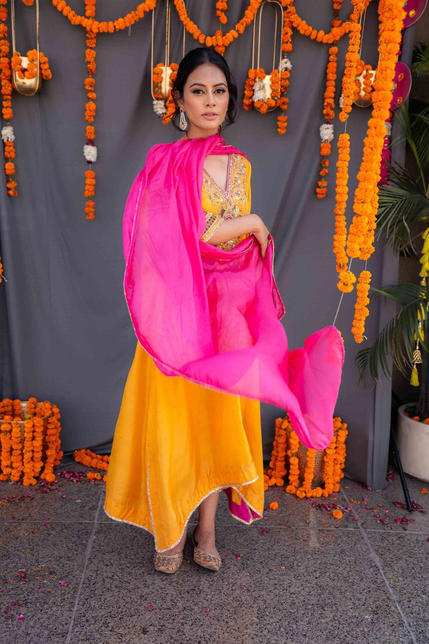 Yellow kaftaan with magenta pants and dupatta