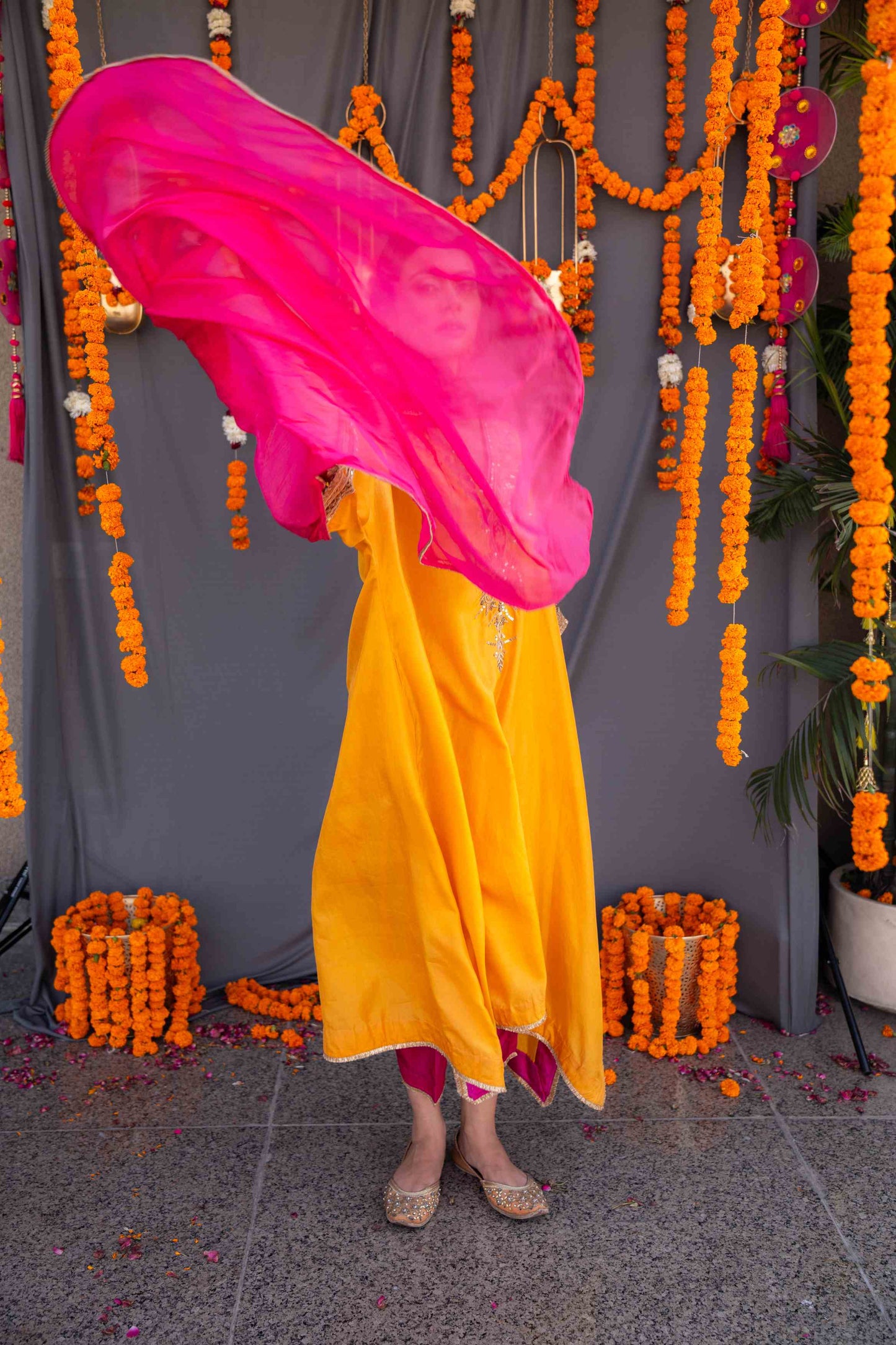 Yellow kaftaan with magenta pants and dupatta