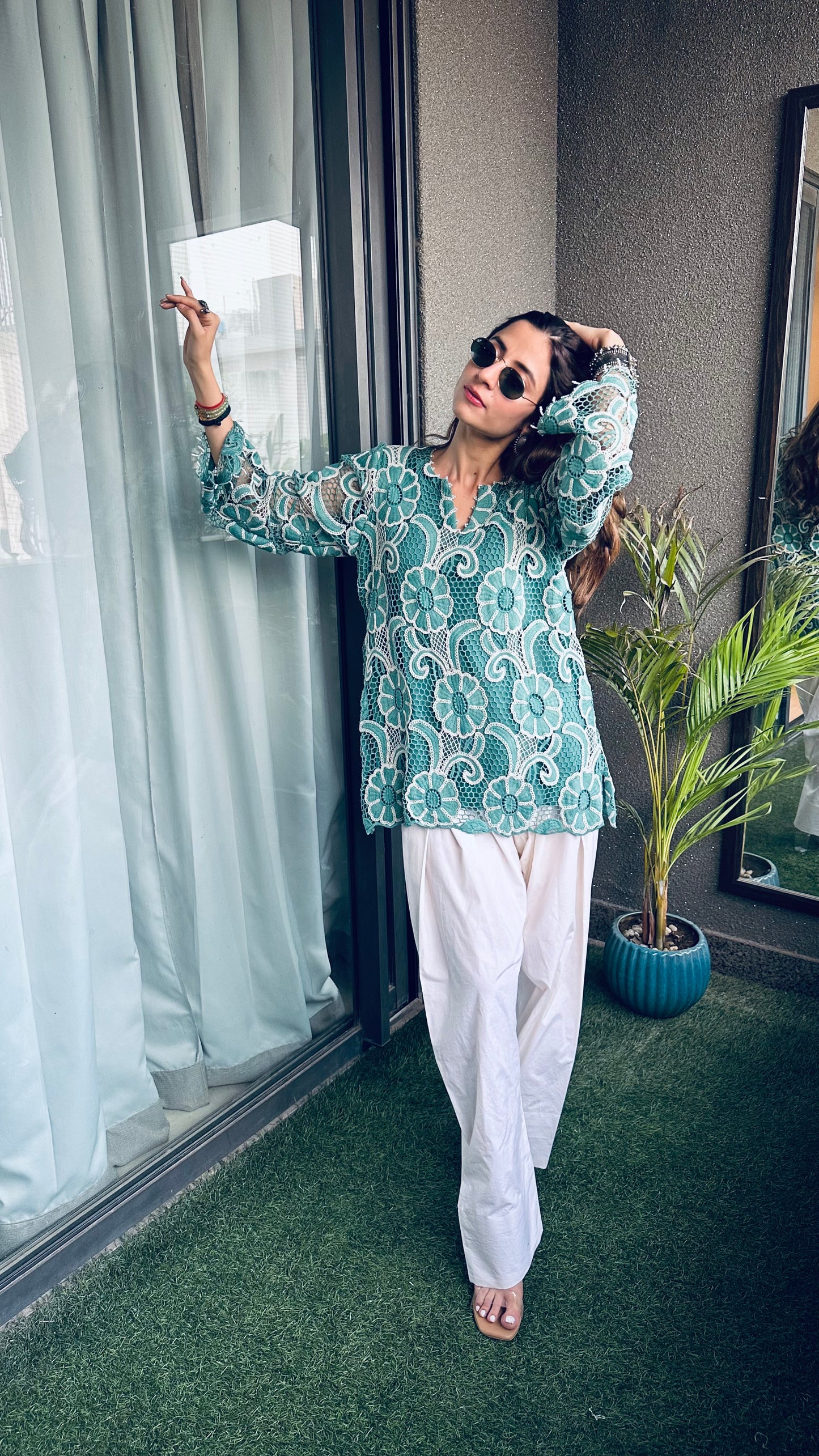 Teal Bloom Crochet Kurta Set