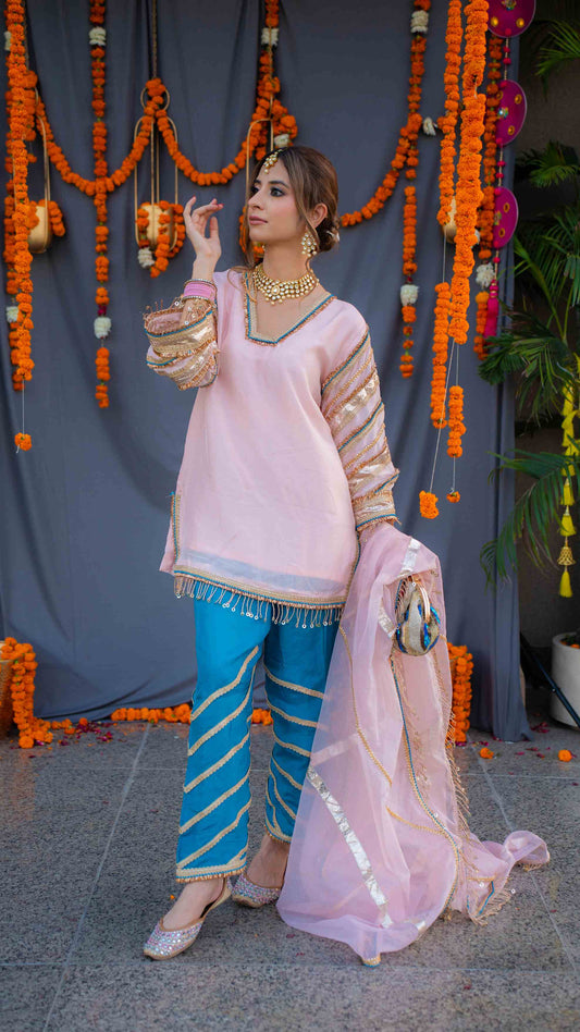 Rosegold shirt with blue pants and organza dupatta