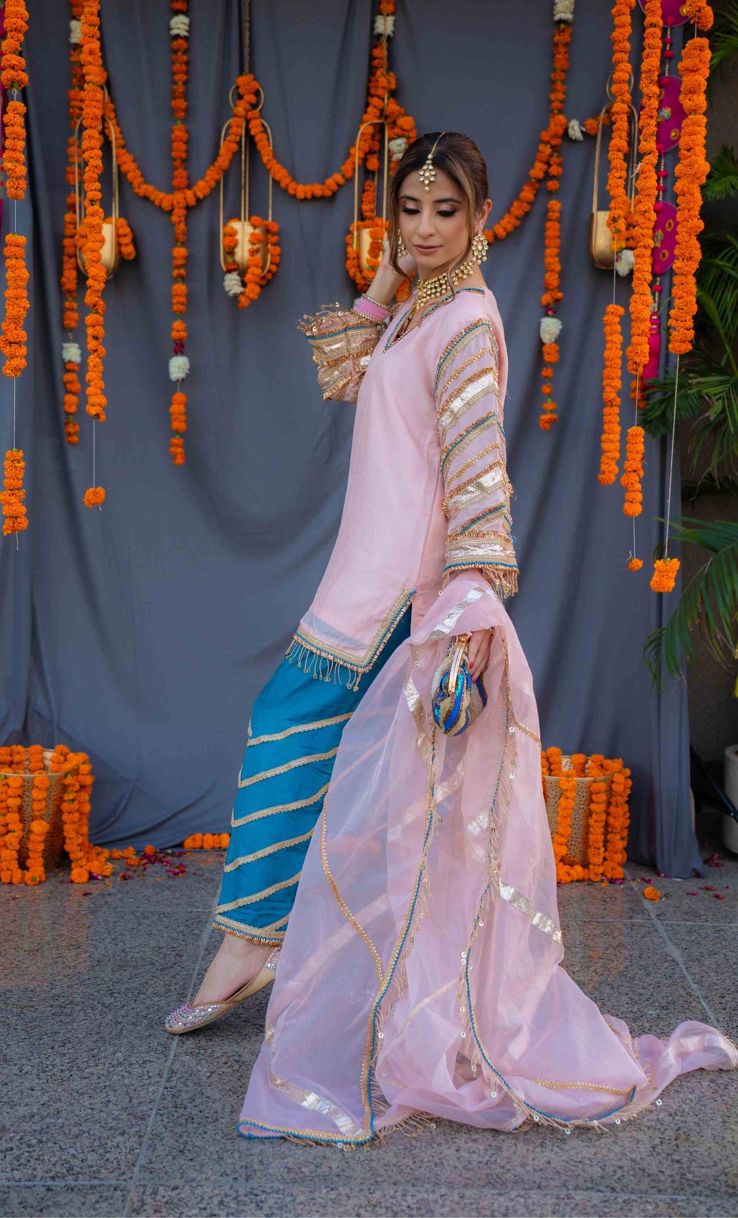 Rosegold shirt with blue pants and organza dupatta