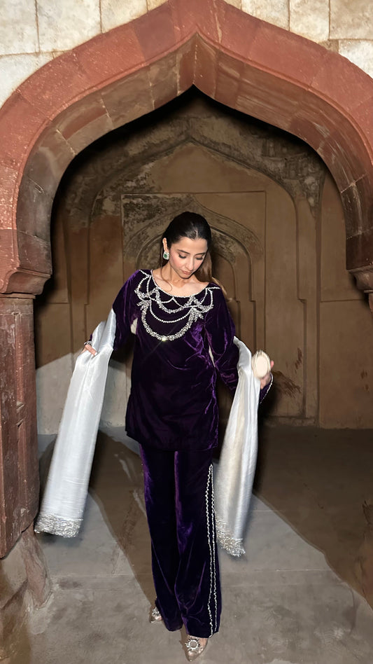 Begum-e-raat purple velvet suit set
