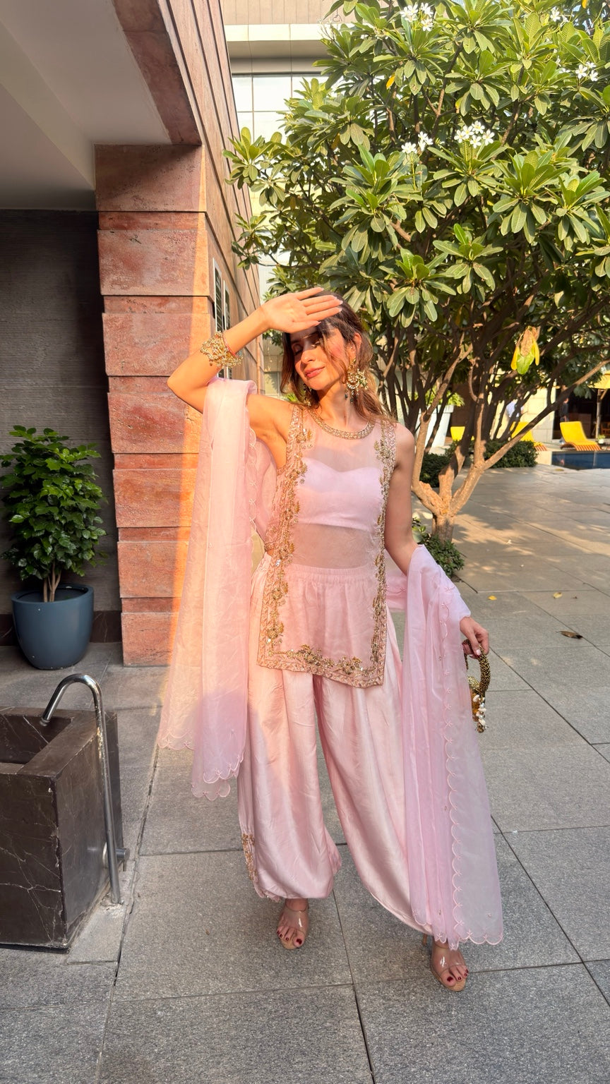 Afsana pastel pink embroidered sharara set detail
