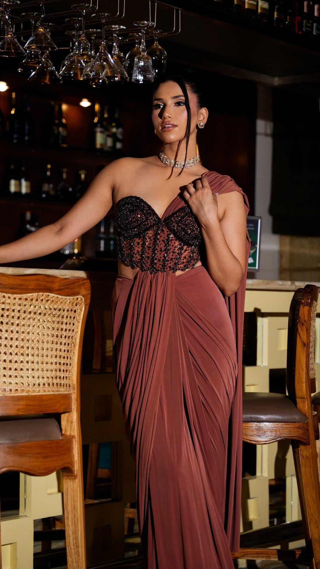 Brown Lycra Drape Saree Set With Stone And Corset Blouse