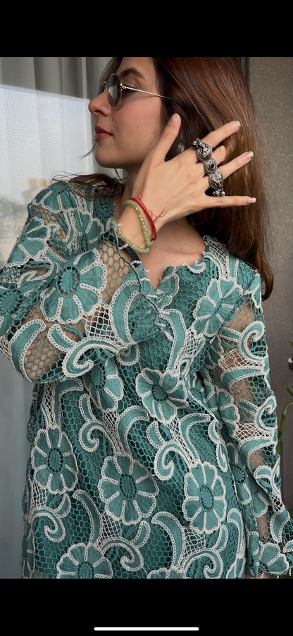 Teal Bloom Crochet Kurta Set