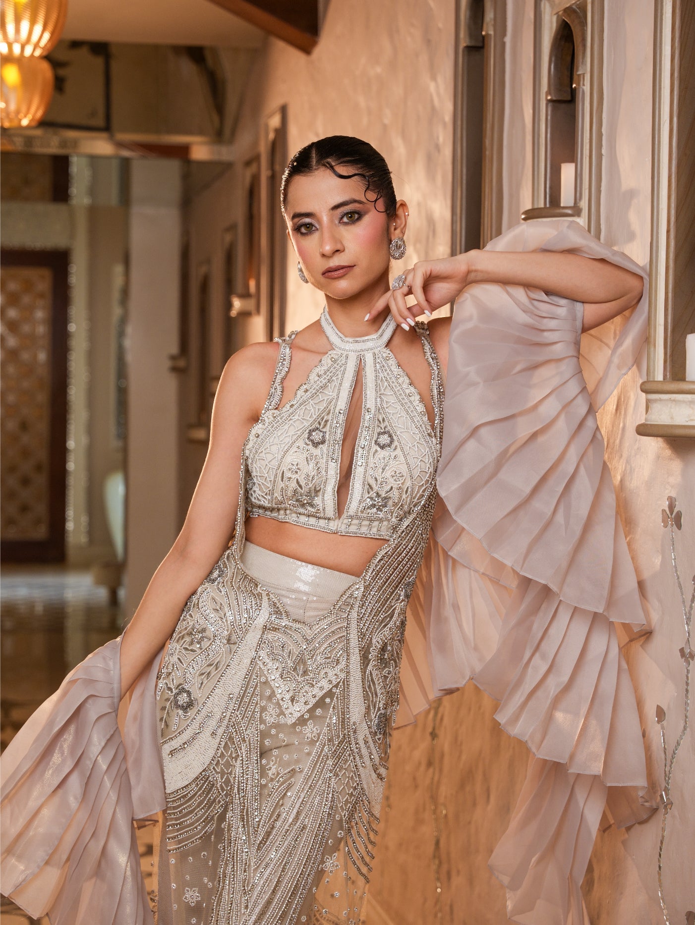 Whitersilver Long Cape with Sequin Pants, Bustier And Ruffle Dupatta