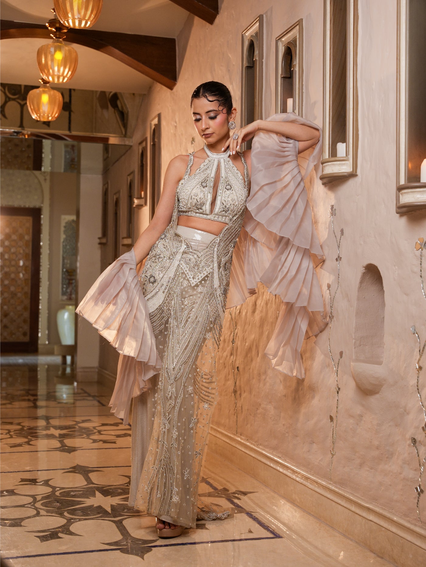 Whitersilver Long Cape with Sequin Pants, Bustier And Ruffle Dupatta