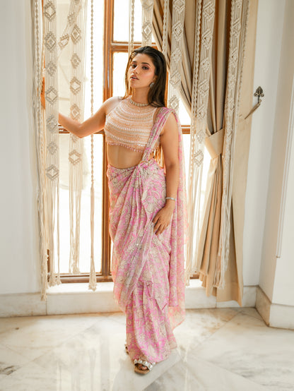 Pink And Beige Printed Drape Saree Set With Heavy Crystal Embroiderel Blouse