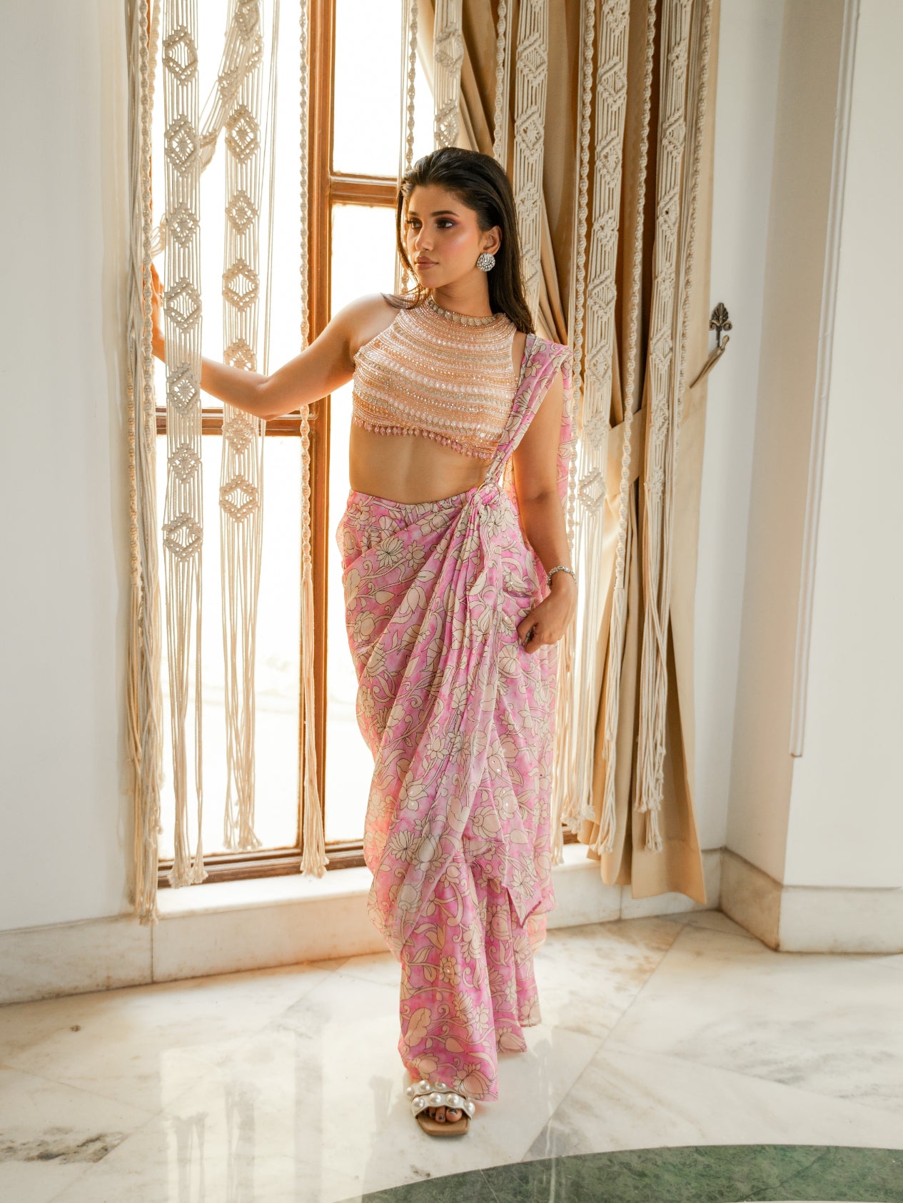 Pink And Beige Printed Drape Saree Set With Heavy Crystal Embroiderel Blouse