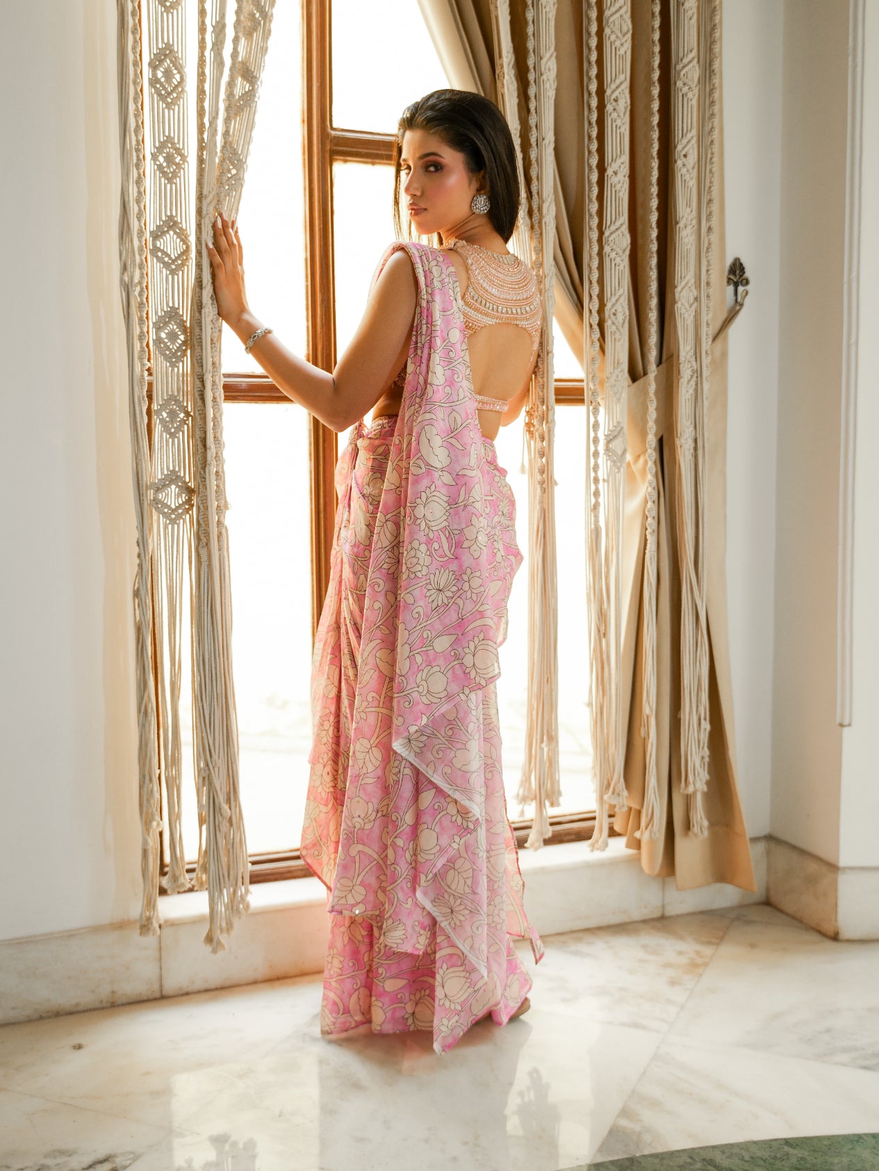 Pink And Beige Printed Drape Saree Set With Heavy Crystal Embroiderel Blouse