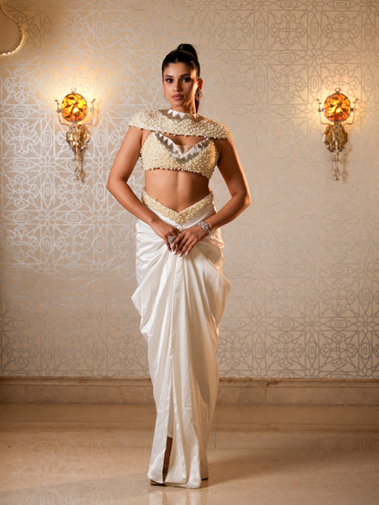 White Pearl Bustier Top With Drape Skirt And Emeroidered Short Cape.