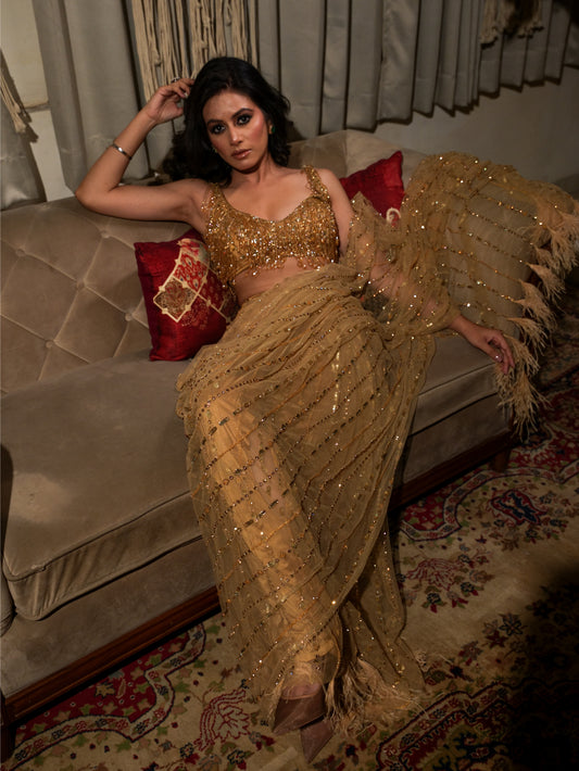 Golden Saree Set with Crystal Tassel Blouse