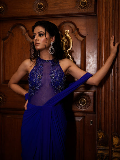 Electric Blue Drape Saree Gown With Crystal And Mesh