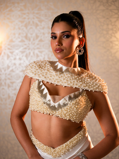 White Pearl Bustier Top With Drape Skirt And Emeroidered Short Cape.