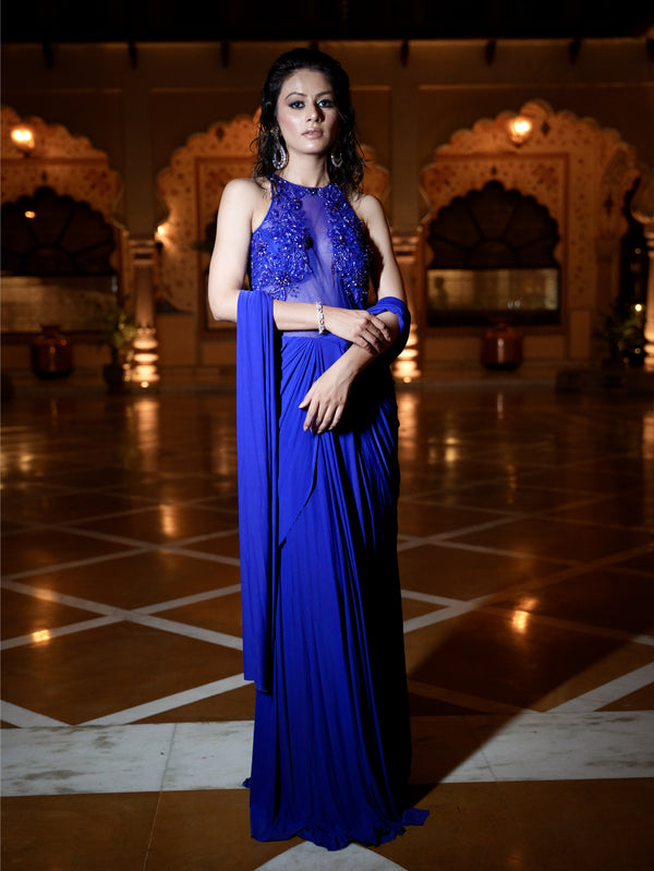 Electric Blue Drape Saree Gown With Crystal And Mesh