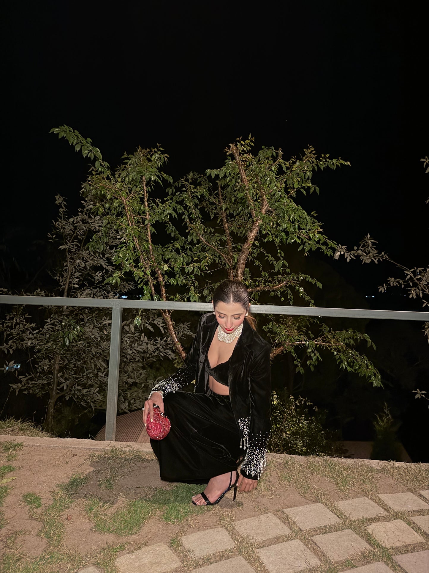 Noir Éclat Stone & Pearl Blazer set