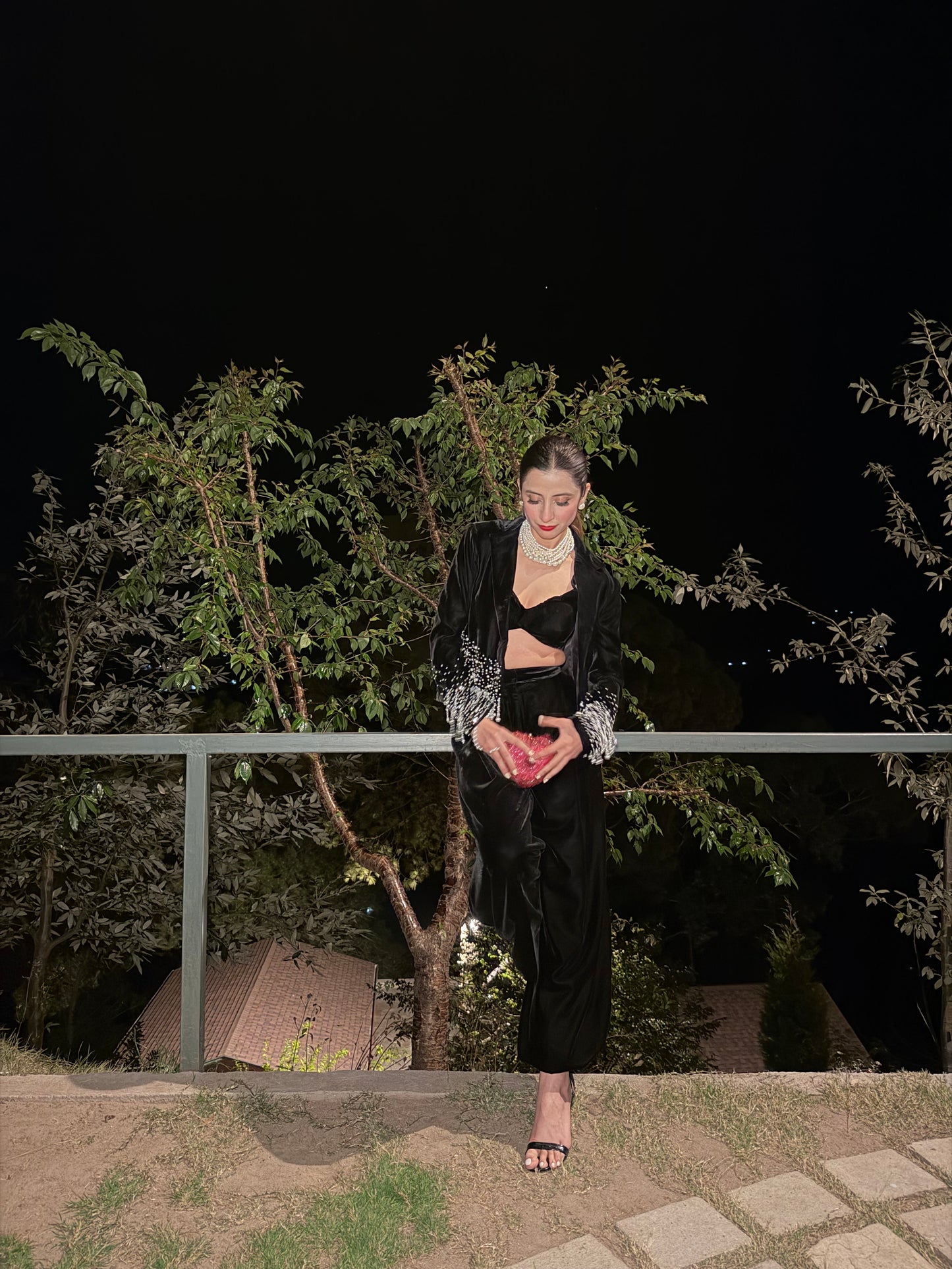 Noir Éclat Stone & Pearl Blazer set