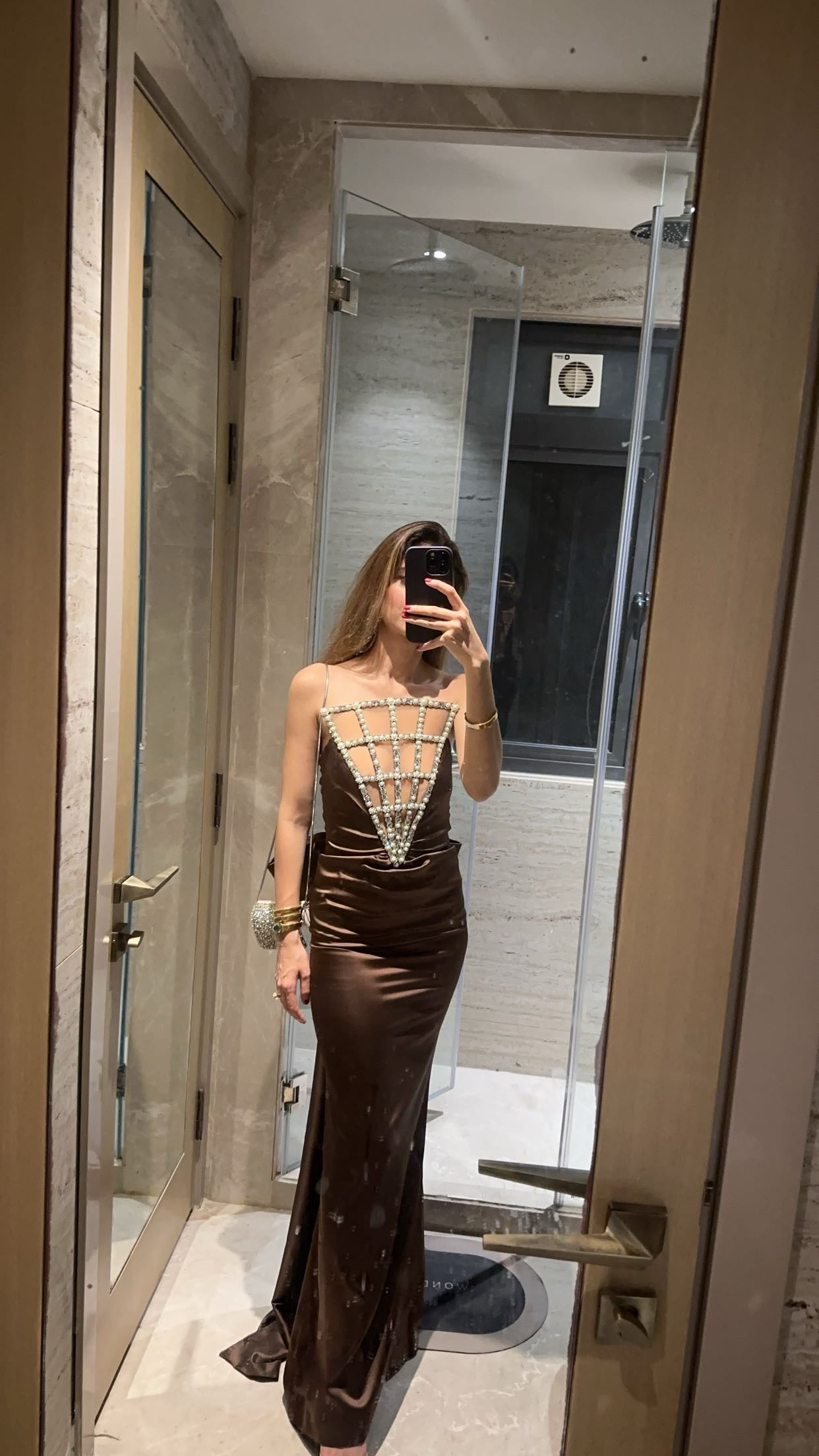 Cocoa Radiance Embellished Satin Gown