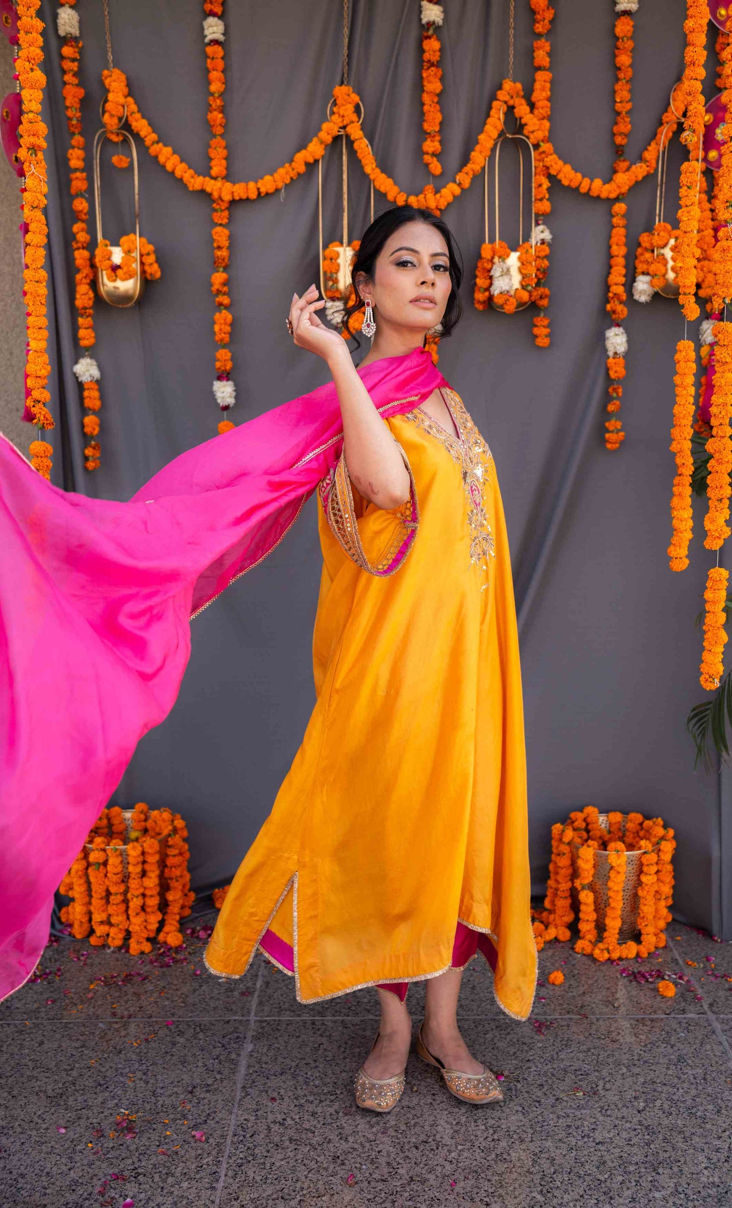 Yellow kaftaan with magenta pants and dupatta