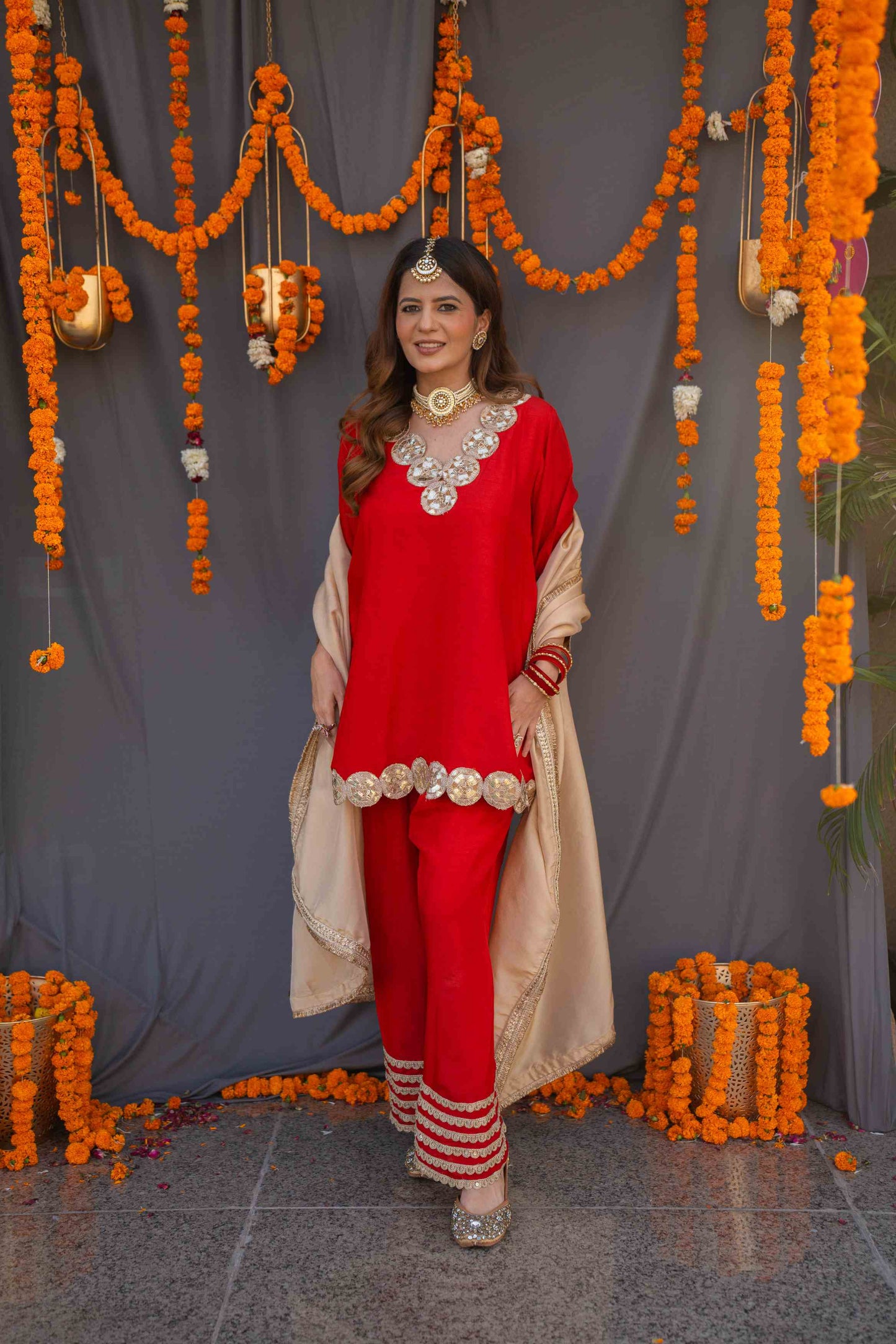 Red suit set with tissue dupatta