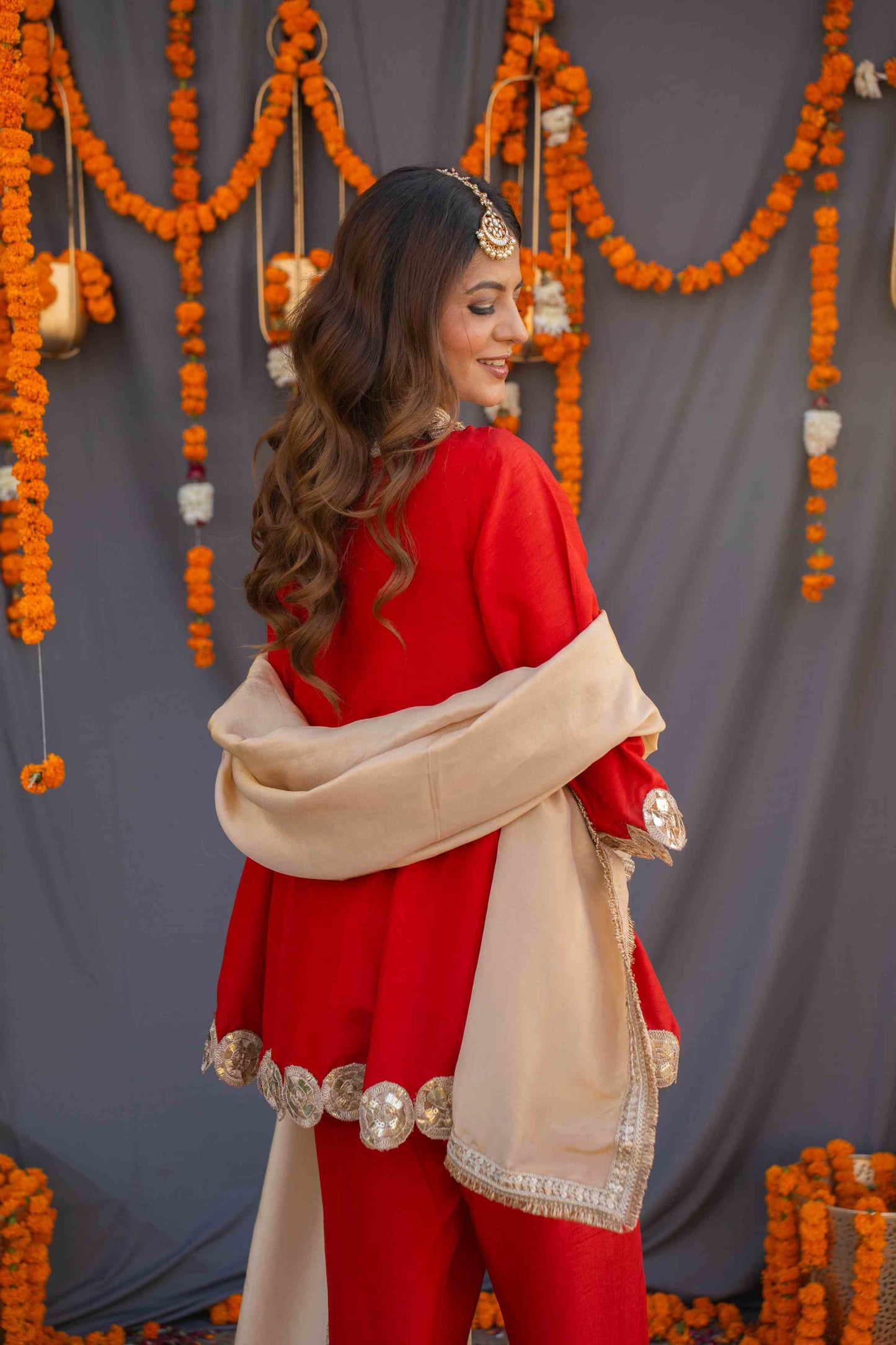 Red suit set with tissue dupatta