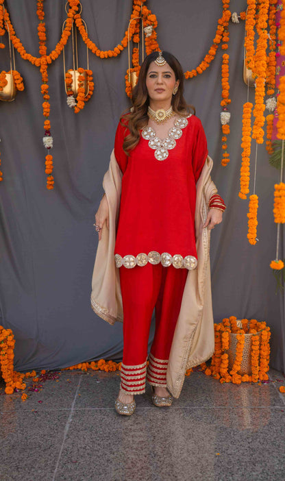 Red suit set with tissue dupatta