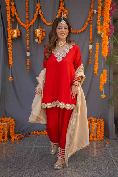 Red suit set with tissue dupatta