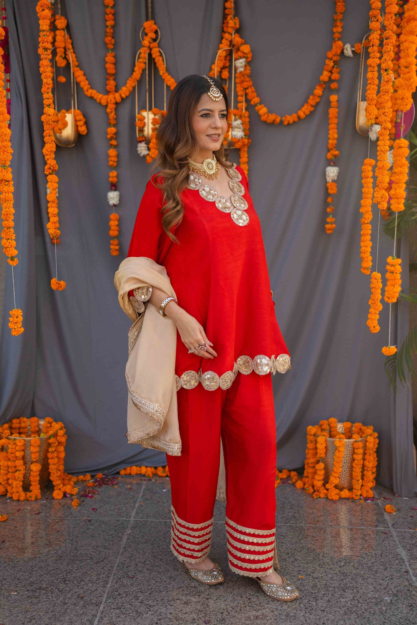 Red suit set with tissue dupatta