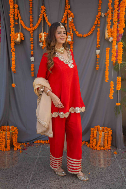 Red suit set with tissue dupatta