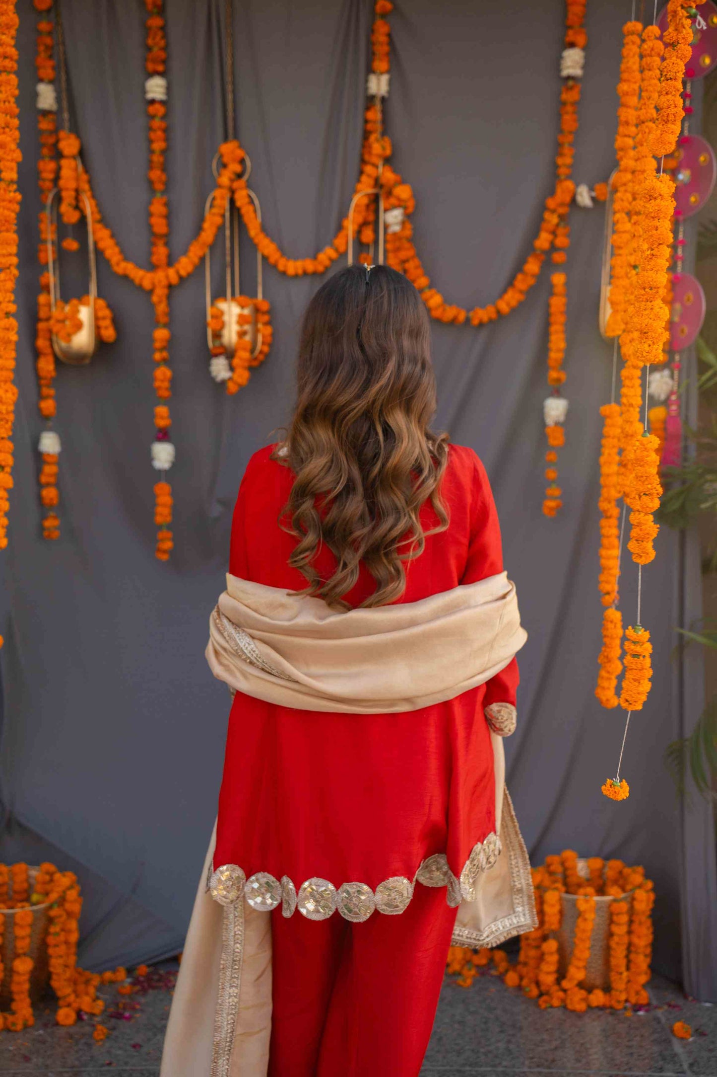 Red suit set with tissue dupatta