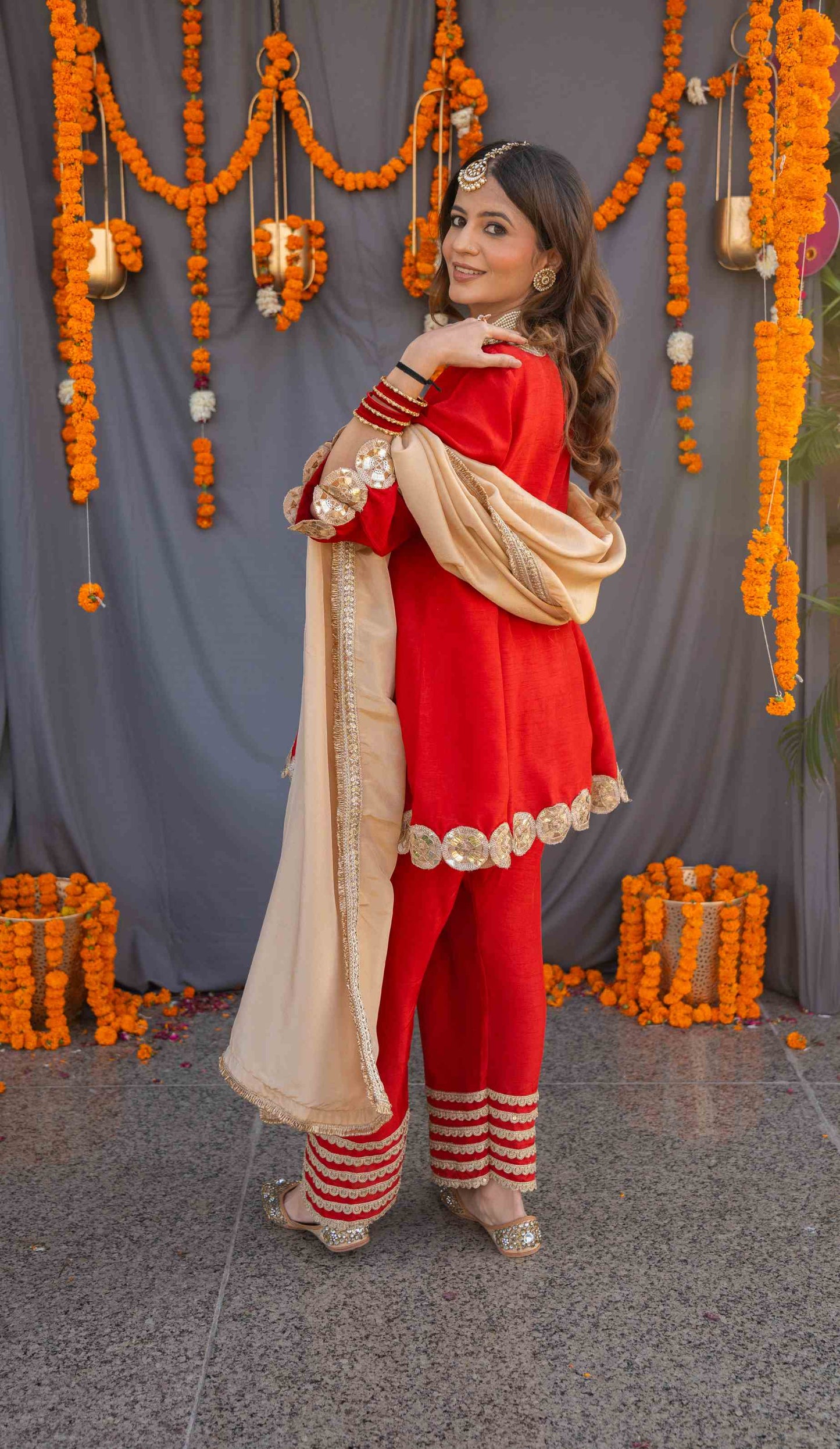 Red suit set with tissue dupatta