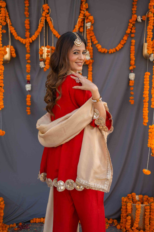 Red suit set with tissue dupatta