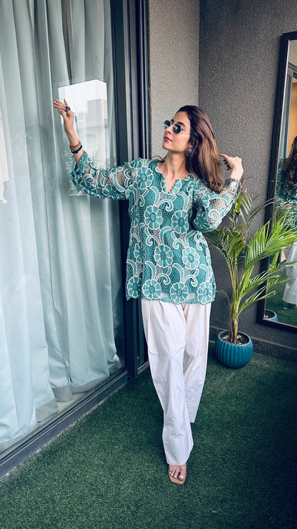 Teal Bloom Crochet Kurta Set