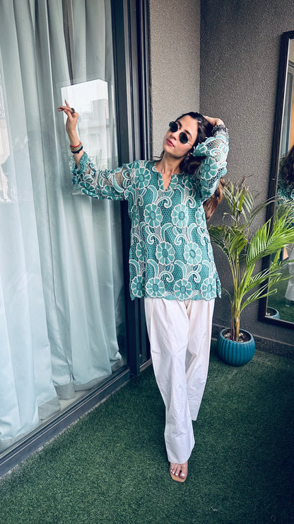 Teal Bloom Crochet Kurta Set
