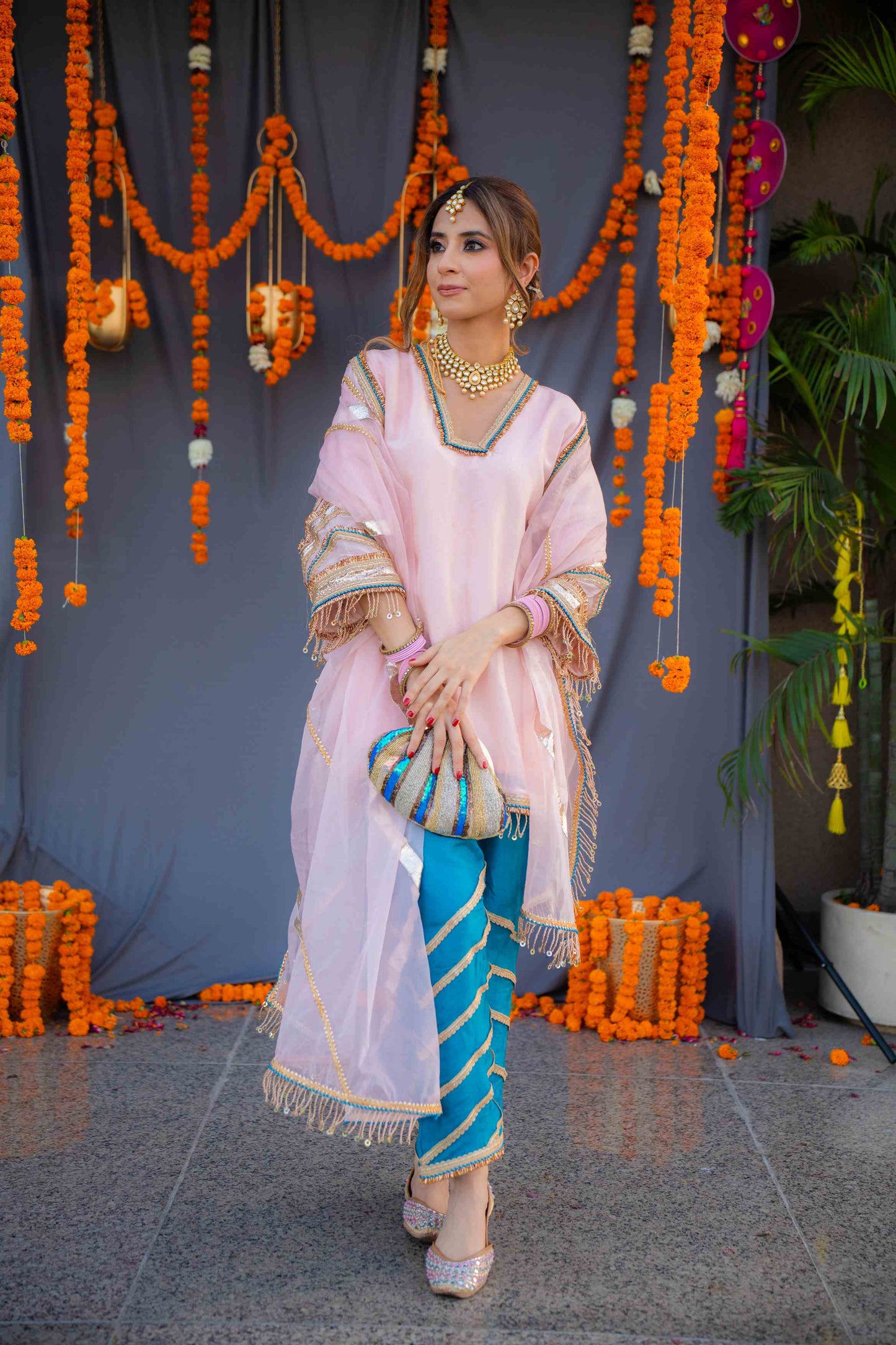 Rosegold shirt with blue pants and organza dupatta